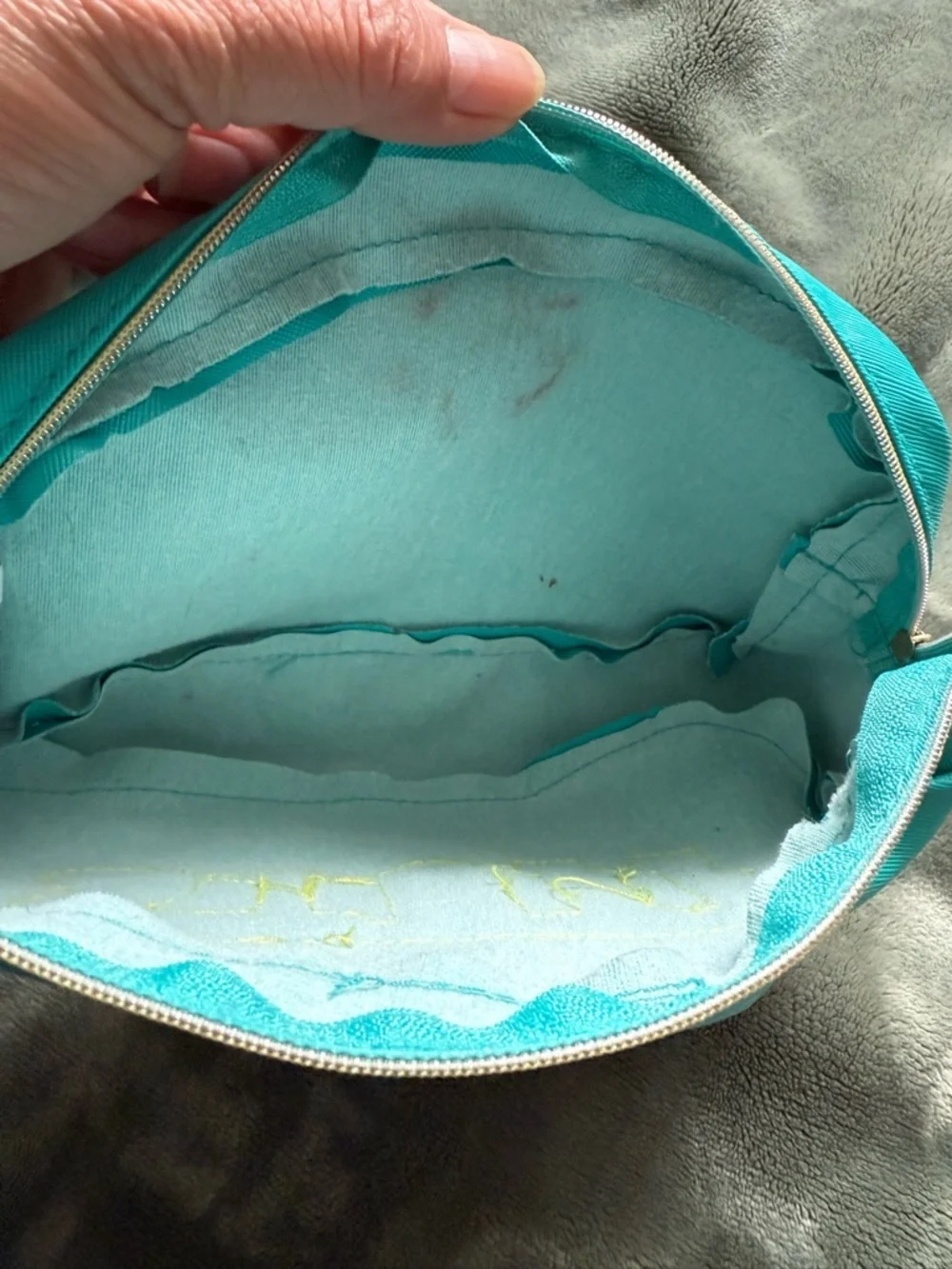 Turquoise 'STUFF' Cosmetic Pouch with Pink Chenille Patch